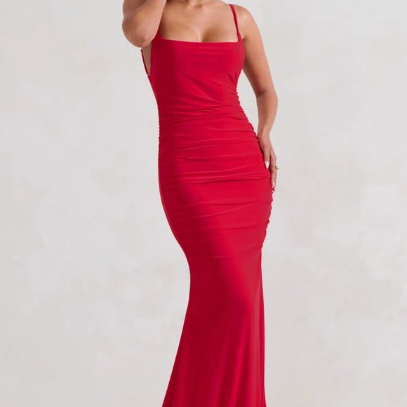 Club London | Adele Red Ruched Fishtail Cami Maxi Dress | Sz. 2 - Picture 3 of 7